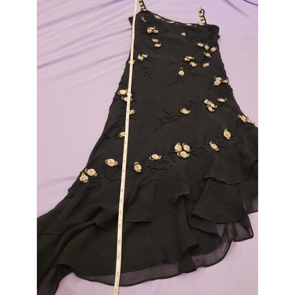 VTG Sue Wong 100% Silk Beaded Dress Black Floral Rosette Y2K Fairy Asymmetrical - Picture 4 of 8